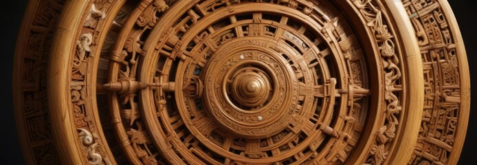 Fototapeta premium Ornate bamboo wheel with carvings and inlays of mother-of-pearl, decorative accent, mother-of-pearl inlay, unique gift