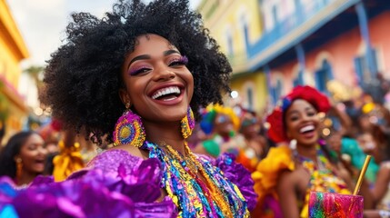 Fototapeta premium Carnaval Celebration: A radiant woman with a vibrant smile and colorful attire, radiating joy during a lively and exuberant Carnaval celebration.