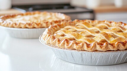 Two apple pies on a counter in a kitchen