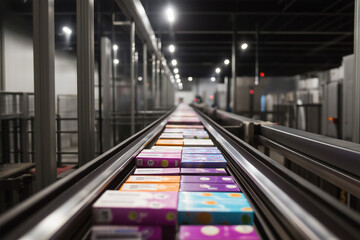 Fototapeta premium Items flowing down a conveyor in a cutting-edge logistics system, highlighting modern technology and smooth operations.