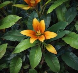 Overhead shot of banana flower and surrounding green leaves with bright orange and yellow tones, botanical, garden