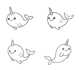 Cute Kawaii Narwhal Outline - Adorable Cartoon Sea Animal Coloring Page © MH MAHFUZ  design
