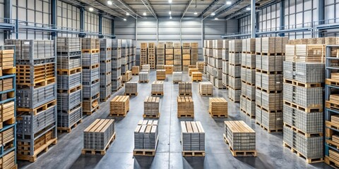 Overhead shot of a grey warehouse with crates and boxes stacked high, urban landscape, business centers, commercial building