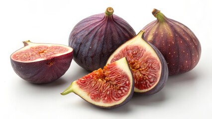 Minimalist setup whole and sliced figs on white background highlighting their rich purple skin and deep red flesh