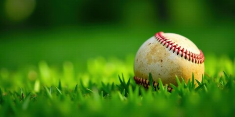 A well-worn sphere rests gently in vibrant green grass, a symbol of outdoor leisure and springtime recreation