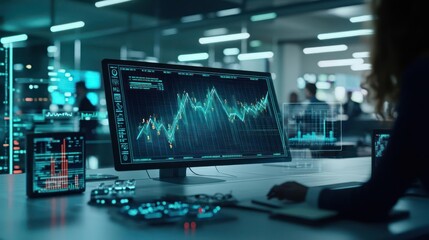 Businesswoman Analyzing Financial Data On High-Tech Computer System