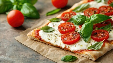 Delicious tomato basil pizza on rustic background