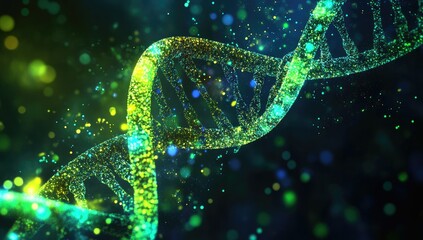 Glowing DNA helix spins, particle background, science