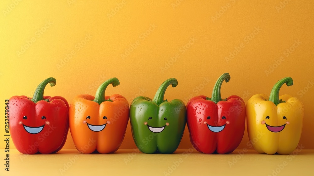 Poster a fun and vibrant scene of smiling bell peppers lined up, creating a joyful and healthy atmosphere w