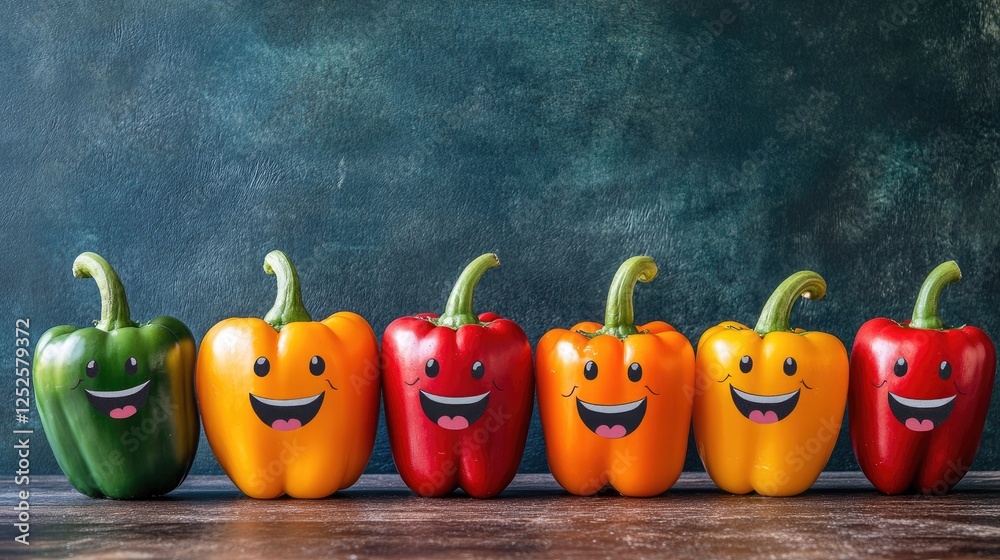 Poster a fun and vibrant scene of smiling bell peppers lined up, creating a joyful and healthy atmosphere w