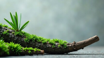 A vibrant, verdant tapestry of miniature plants thrives atop a weathered, aged log, symbolizing the resilience and beauty of nature's enduring cycle of growth and decay