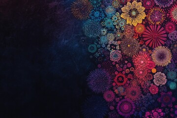 Intricate patterns of vibrant fireworks in various colors illuminating one side of a dark sky, with an expansive area of untouched darkness on the left.