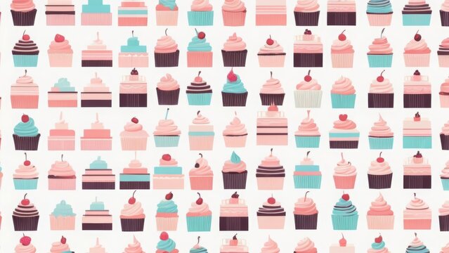 A collection of colorful cupcakes in a flat style on a white background. Various designs with icing and sprinkles, perfect for bakery branding - Powered by Adobe