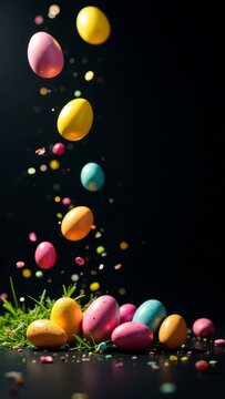 Easter eggs falling from top to bottom on a black background, space for advertising, text, words