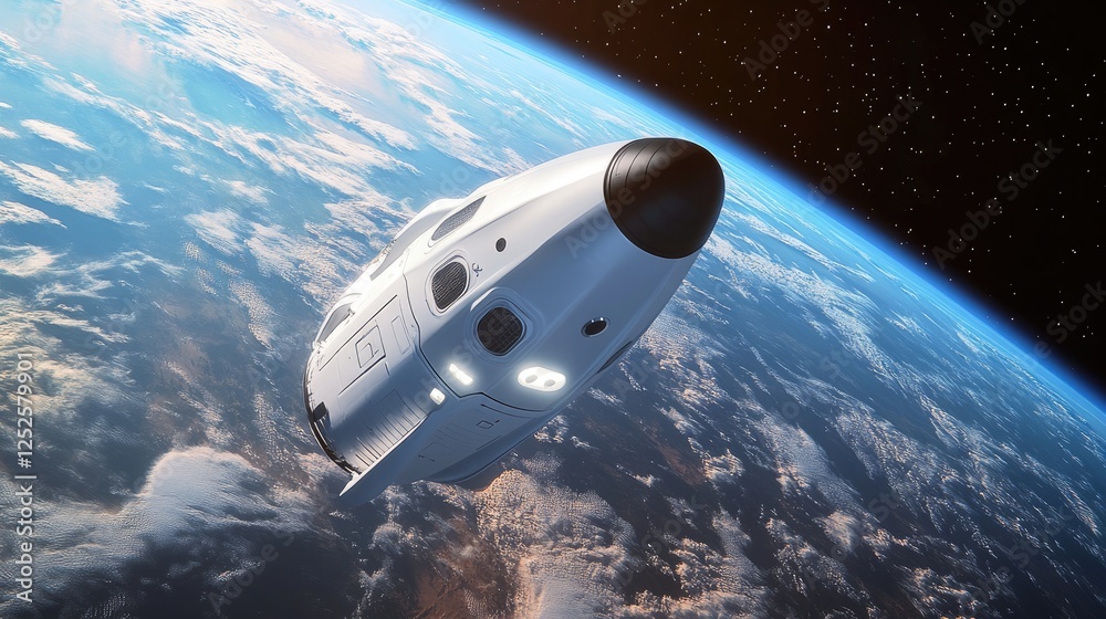 Poster a futuristic spacecraft in earth orbit, displaying cutting-edge technology as it floats against the 
