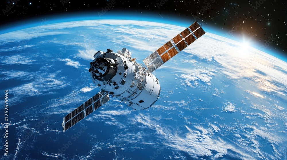 Poster a futuristic spacecraft in earth orbit, displaying cutting-edge technology as it floats against the 