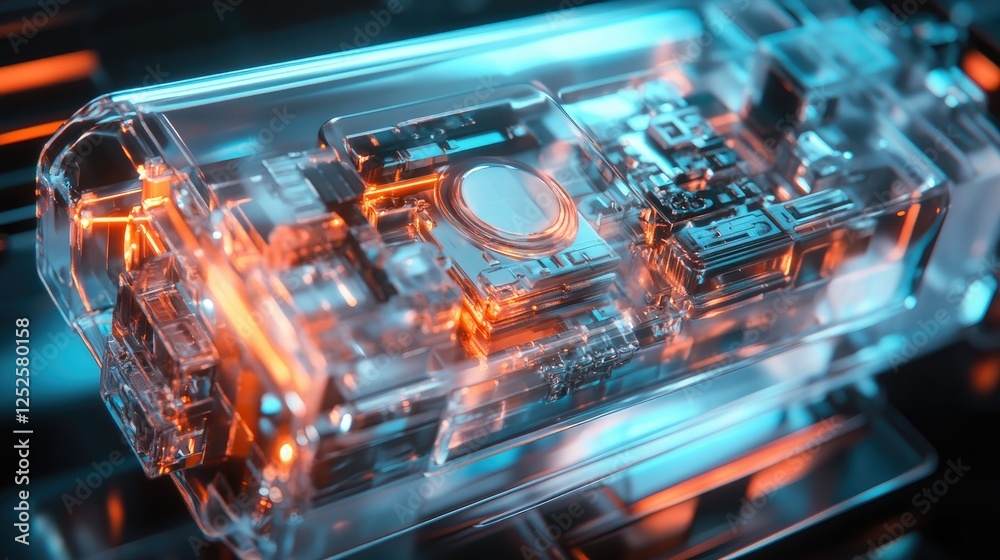 Poster A futuristic transparent device showcasing its internal components, illuminated by soft lighting to highlight the cutting-edge technology inside