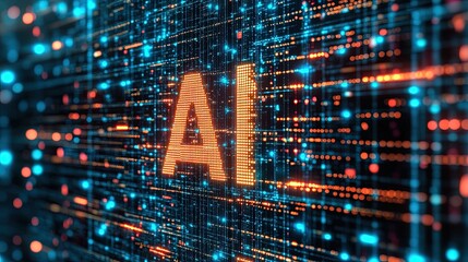 A digital representation of "AI" surrounded by glowing data streams, symbolizing artificial intelligence and technology.