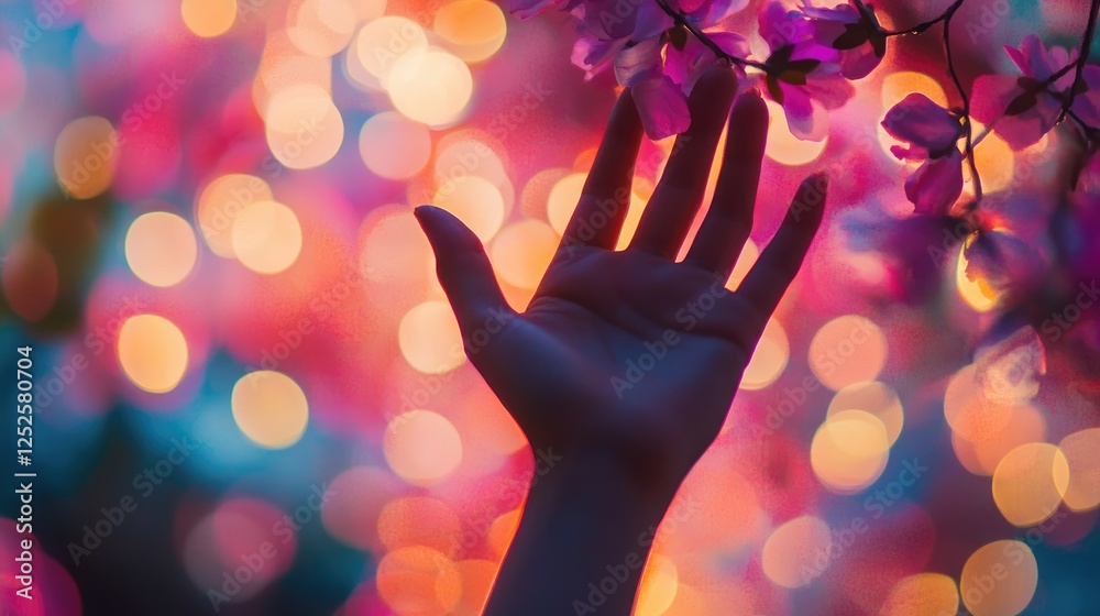 Poster a gentle hand raised against a luminous, colorful bokeh backdrop, creating an atmosphere of calmness