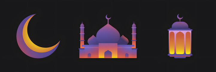 Islam Icon Set Mosque Cescent Moon Lantern