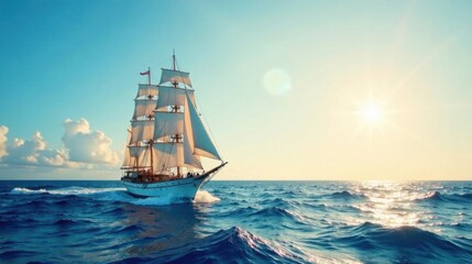 A majestic sailing vessel glides across a vast ocean under a radiant sun, its white sails billowing in the gentle sea breeze, a breathtaking spectacle of maritime grace and serenity.