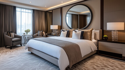 Sleek round mirror centered in a spacious, well-lit room, adding elegance and balance to any space.