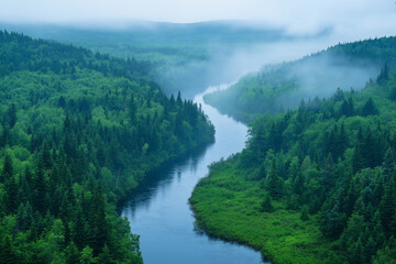 Tranquil river flowing through a dense forest, creating a serene and peaceful natural setting.
