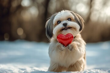 Lhasa apso - my cherished dog, symbol of friendship. Cute lhasa apso dog with diamond red heart on a walk in a winter garden. Ad furry friend animal creative. Puppy with red heart.