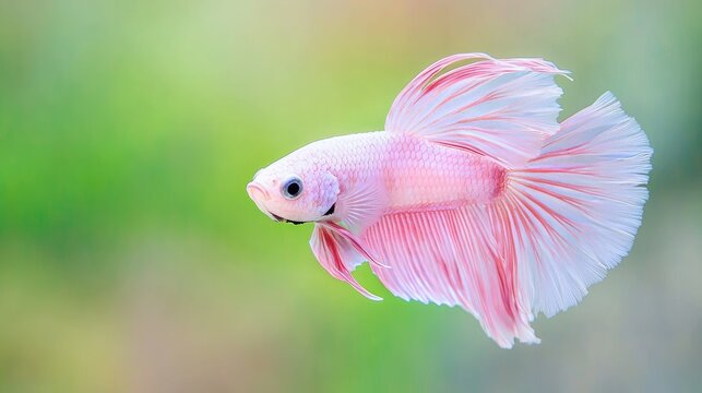 Pink betta fish swimming, green background, aquatic pet