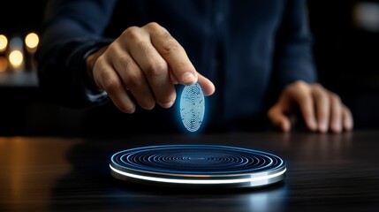 Innovative technology demonstration featuring a fingerprint recognition device on a modern surface in a professional setting