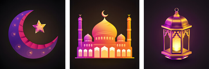 Fototapeta premium Islam Icon Set Mosque Cescent Moon Lantern