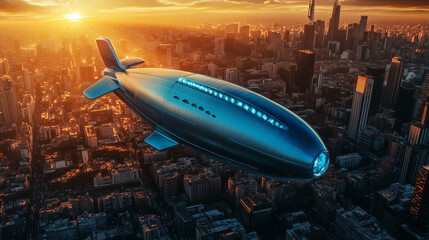 Fototapeta premium Striking blue airship drifting above a cityscape, combining futuristic design with urban exploration.