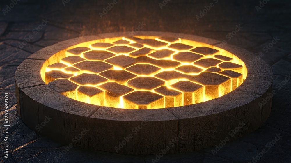 Poster A glowing hexagonal pattern illuminated on a circular stone platform, casting soft, warm light and creating an intricate, captivating geometric design