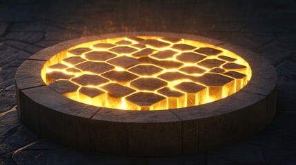 A glowing hexagonal pattern illuminated on a circular stone platform, casting soft, warm light and creating an intricate, captivating geometric design