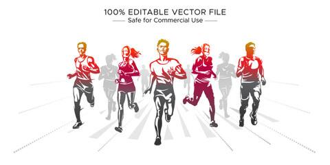 Group of diverse people, sports players, athletes running. Sports day, marathon, walkathon winning competition.