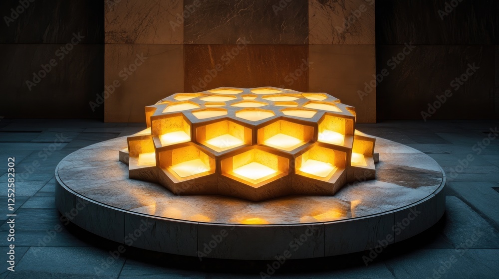 Leinwandbilder A glowing hexagonal pattern illuminated on a circular stone platform, casting soft, warm light and creating an intricate, captivating geometric design