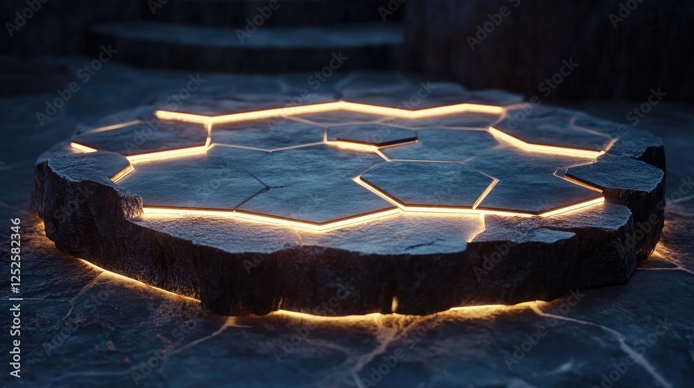 Poster A glowing hexagonal pattern illuminated on a circular stone platform, creating a mesmerizing and futuristic design with soft light accents