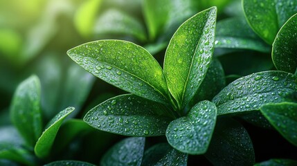 Fototapeta premium Close Up Of Fresh Green Leaves With Dew Drops