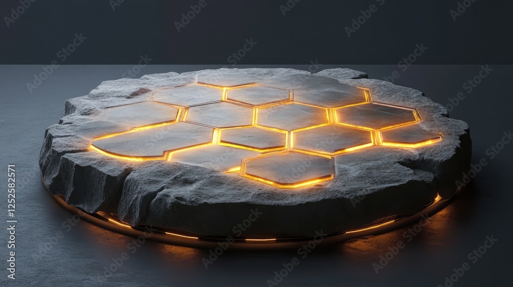 Poster A glowing hexagonal pattern illuminated on a circular stone platform, creating a mesmerizing and futuristic design with soft light accents
