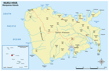 Obraz premium Map of the largest Marquesas island Nuku Hiva, French Polynesia
