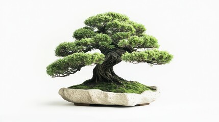 Green Bonsai Tree Isolated on White Background, Zen Garden Decor