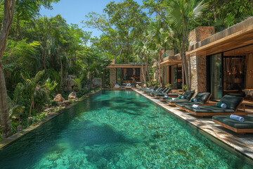 Fototapeta premium Tropical luxury villa pool with lush jungle surroundings