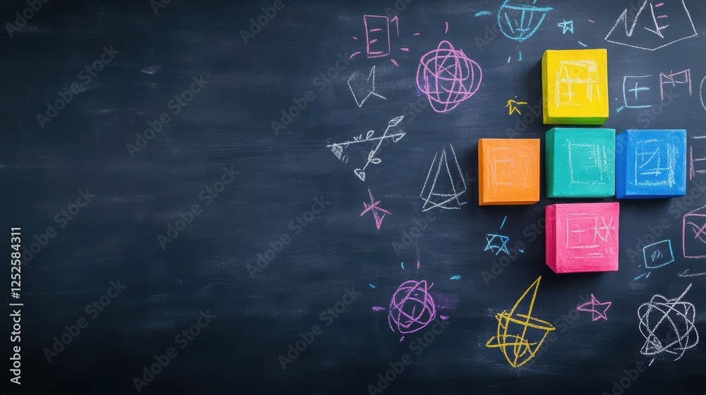 Poster vibrant and colorful cubes arranged playfully on a blackboard surface creating a whimsical and engag