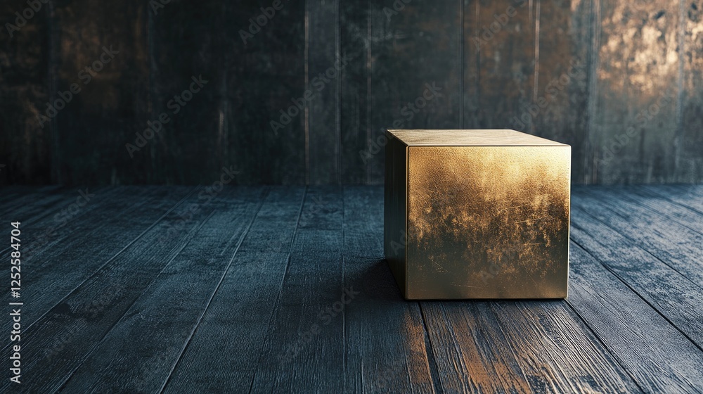 Poster a golden cube on a dark wooden floor, standing out against the rustic backdrop of the room, showcasi