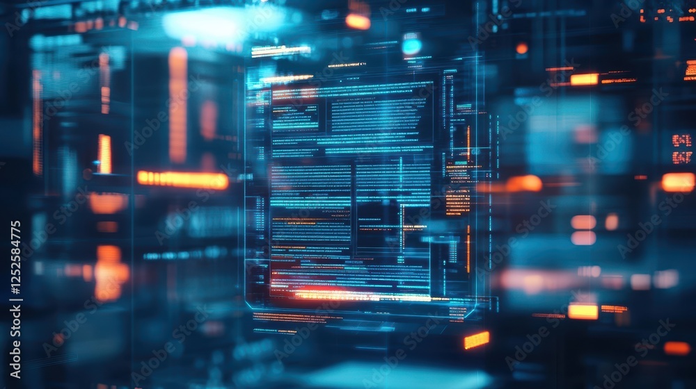 Poster vibrant blue computer screen displaying dynamic visuals in a modern workspace setting creating an en