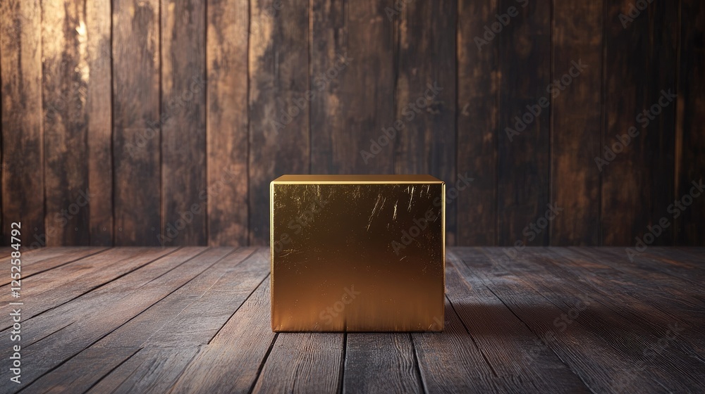 Poster a golden cube on a dark wooden floor, standing out against the rustic backdrop of the room, showcasi