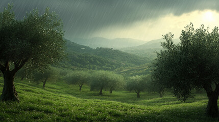 Gentle rain falling on expansive olive groves, capturing the peacefulness of a Mediterranean landscape.