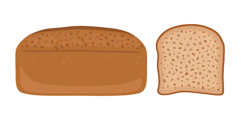 Whole grain or whole meal bread illustration. Full Loaf and slice of healthy brown bread.
