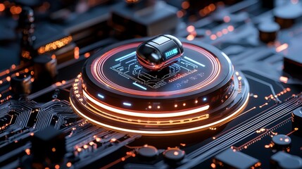 Futuristic transport vehicle on circuit board technology lab digital art modern environment close-up view innovation concept