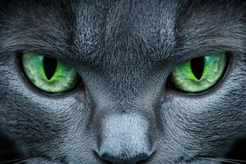 A Russian Blue cat with its striking green eyes